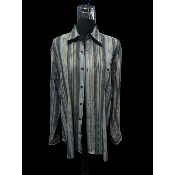 Tommy Bahama Mens Striped Long-Sleeve Button-Down Shirt 100% Silk Blue Beige - Picture 2 of 5